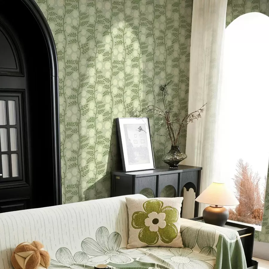 Papier peint photo Tiges vert sauge avec fleurs duveteuses ivoire et pois a00997v2