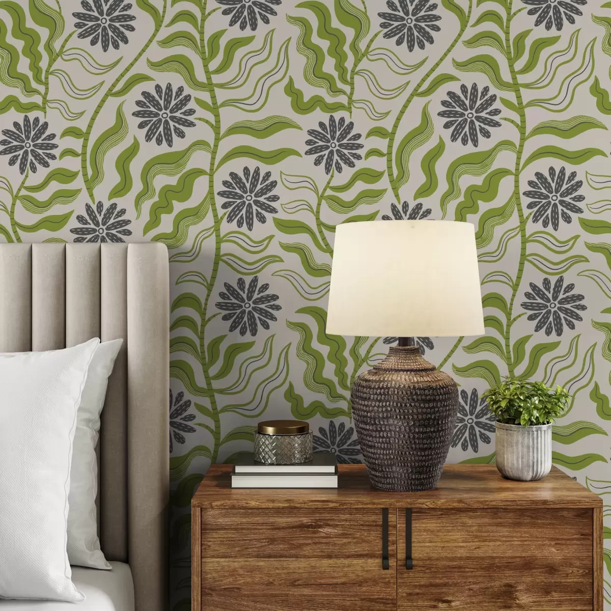 Papier peint Marguerites vertes espiègles aux feuilles ondulées sur fond crème a00998