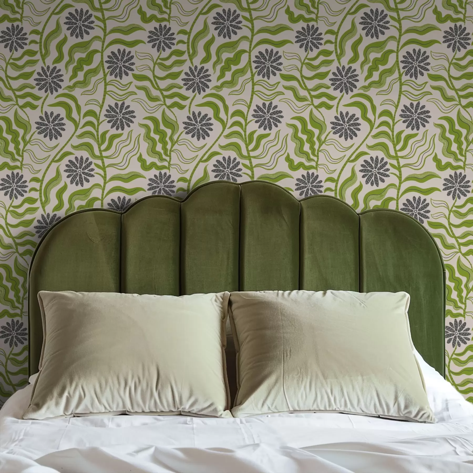 Papier peint photo Marguerites vertes espiègles aux feuilles ondulées sur fond crème a00998