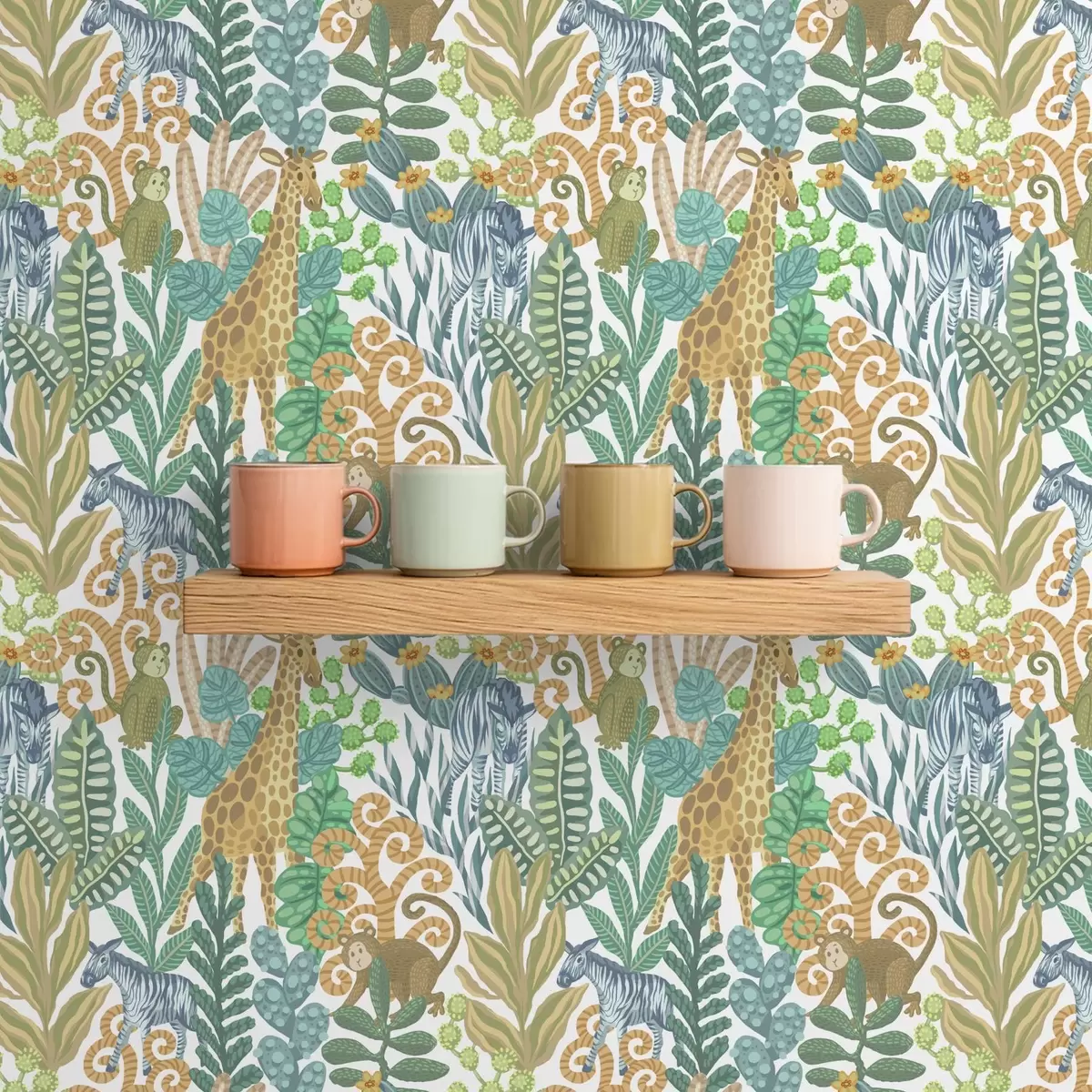 Papier peint Animaux joyeux de la savane parmi les feuilles sur fond blanc a01000