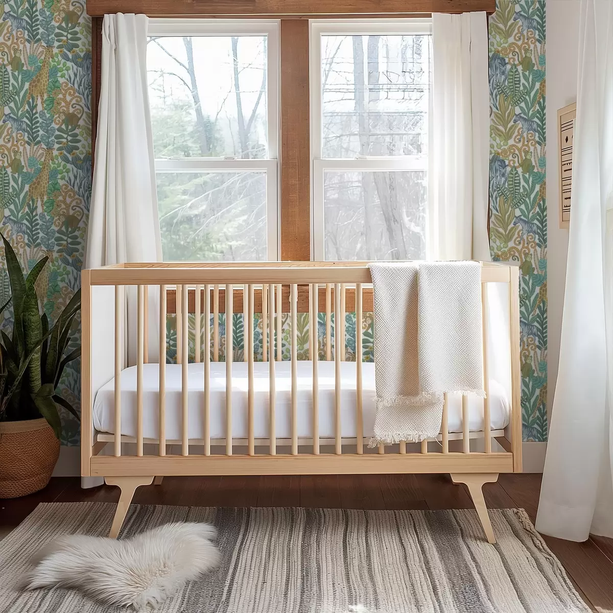 Behang Vrolijke savannedieren tussen bladeren op een witte achtergrond a01000