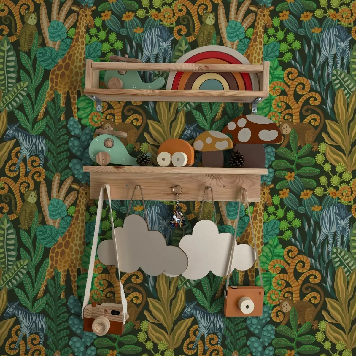 Papier peint Jungle dense avec des animaux sur fond vert foncé a01000v2
