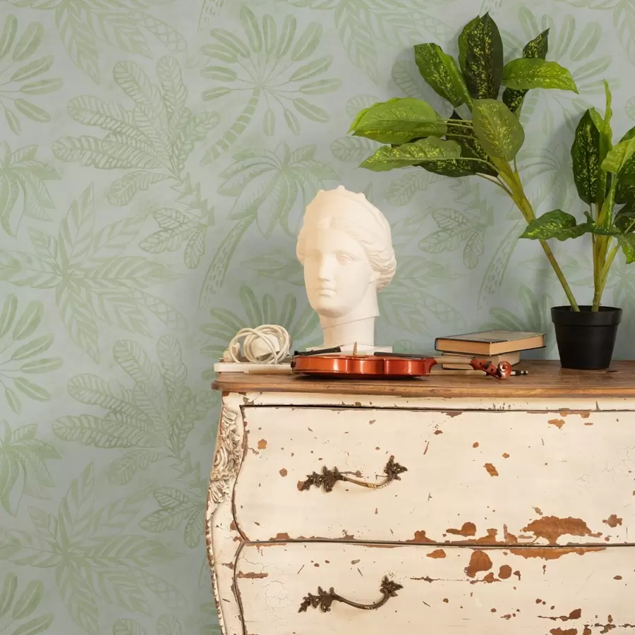 Papier peint photo Feuilles tropicales esquissées dans des tons vert clair frais a01001v1