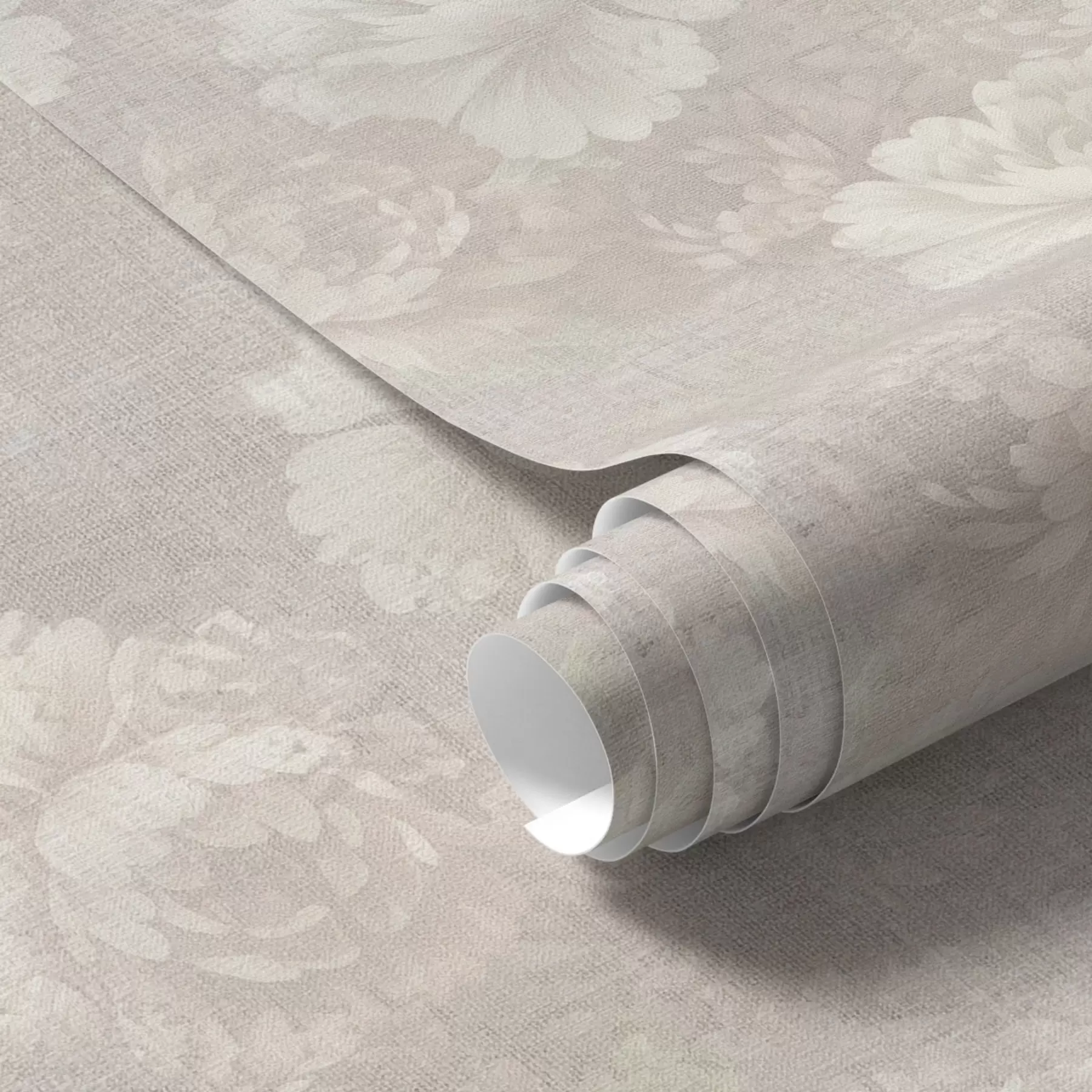 Fotobehang Verbleekte pioenrozen op linnen textuur in een zacht beige kleurenpalet a01018