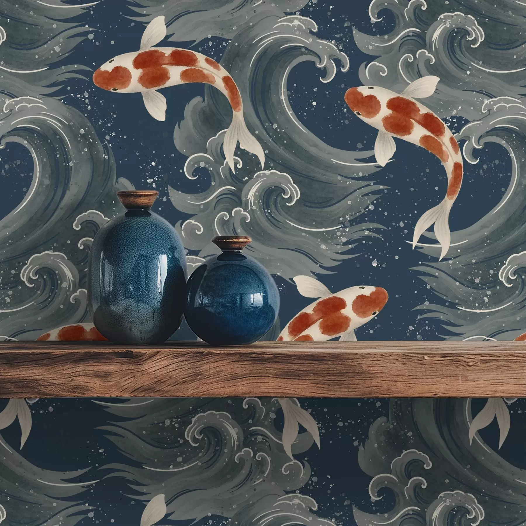 Fotobehang Koi-vissen zwemmen tussen dramatische oceaangolven a01019