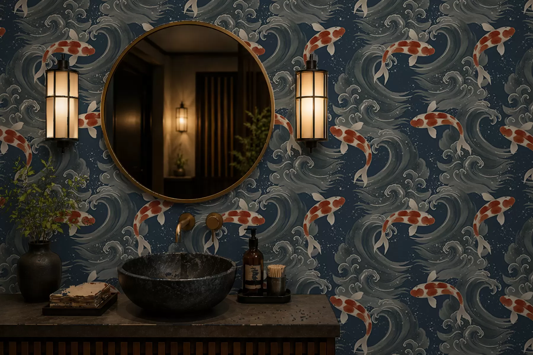 Fotobehang Koi-vissen zwemmen tussen dramatische oceaangolven a01019
