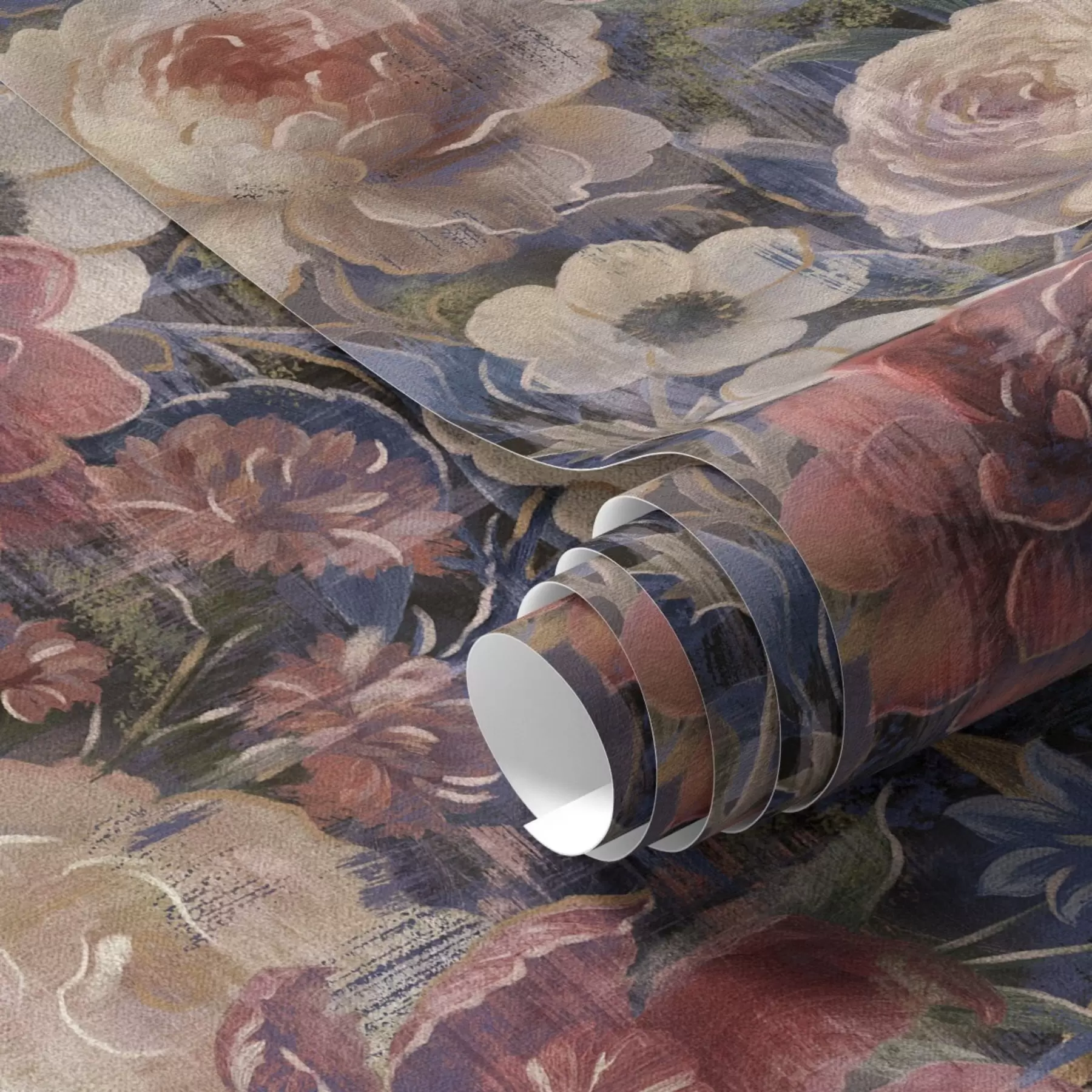 Papier peint photo Bouquet pictural de grandes fleurs sur fond indigo foncé a01021