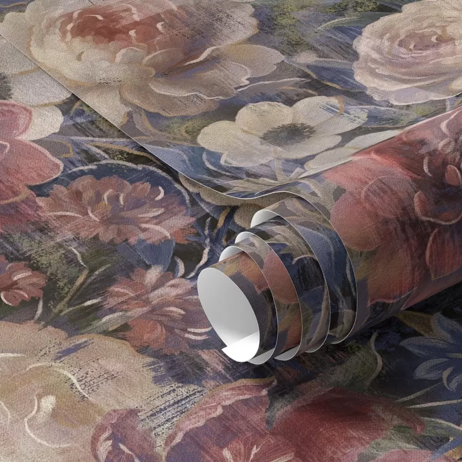 Papier peint photo Bouquet pictural de grandes fleurs sur fond indigo foncé a01021