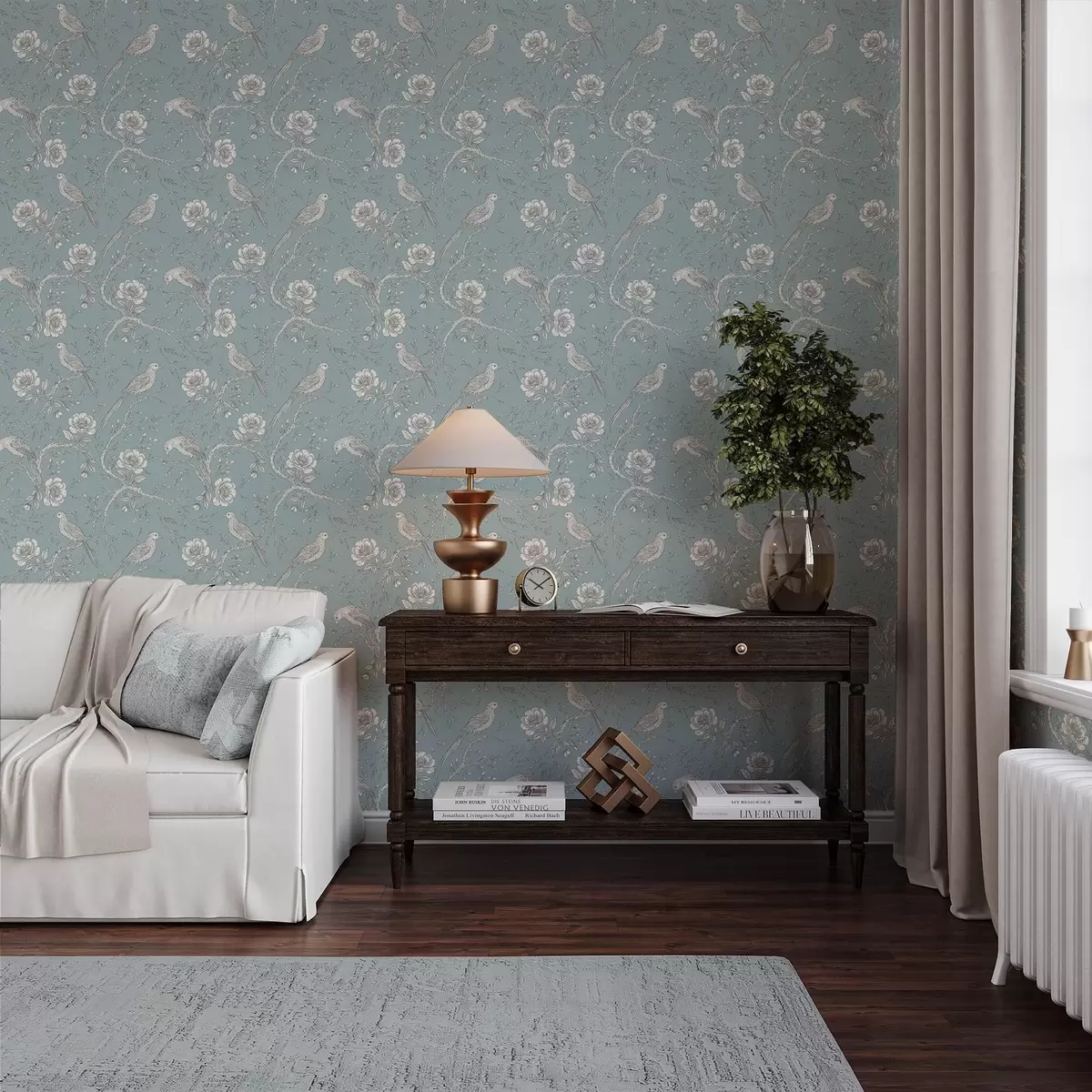 Papier peint Oiseaux dessinés en contour sur des branches, fond bleu discret a01022