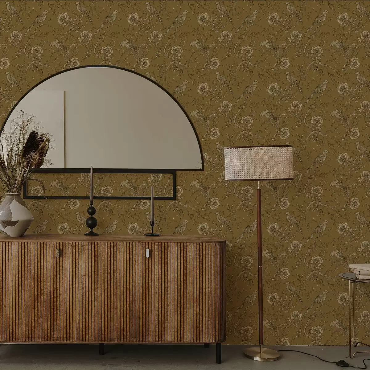 Behang Vintage vogels en bloemen op een warme olijfgroene achtergrond a01022v1