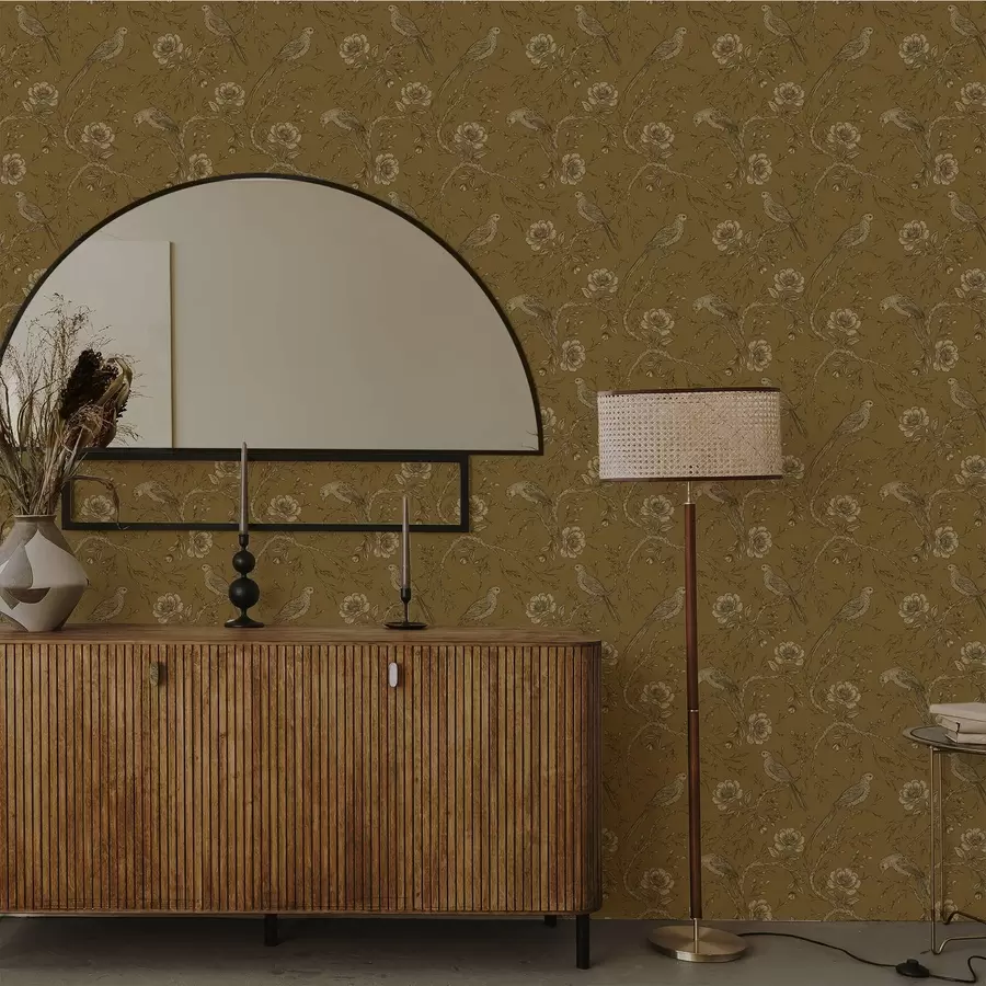 Papier peint photo Oiseaux et fleurs vintage sur un fond olive chaleureux a01022v1