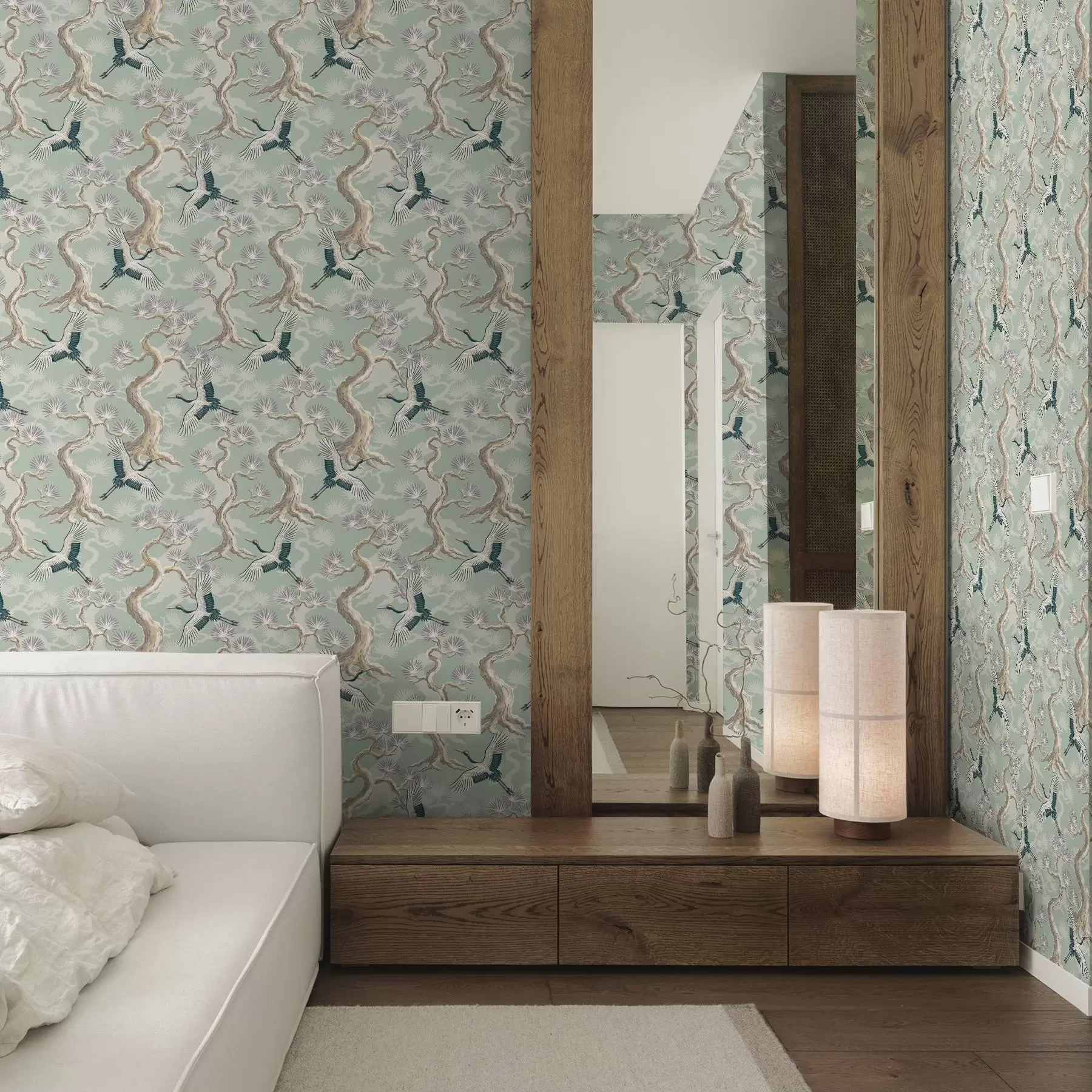 Fotobehang Kranen tussen gebogen takken op een zachte saliekleurige achtergrond a01023