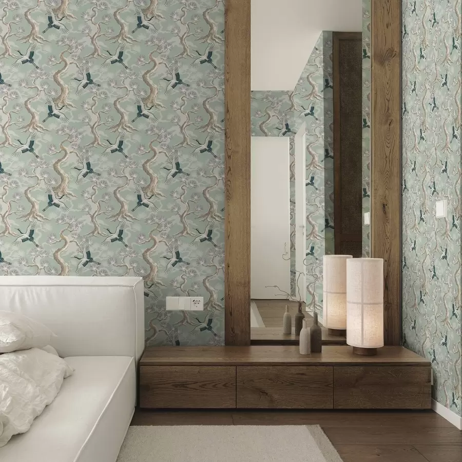 Fotobehang Kranen tussen gebogen takken op een zachte saliekleurige achtergrond a01023