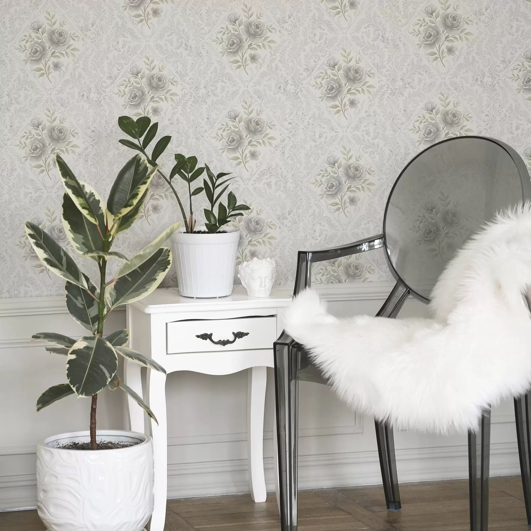 Papier peint photo Motif damassé clair avec des roses grises dans des losanges doux a01024