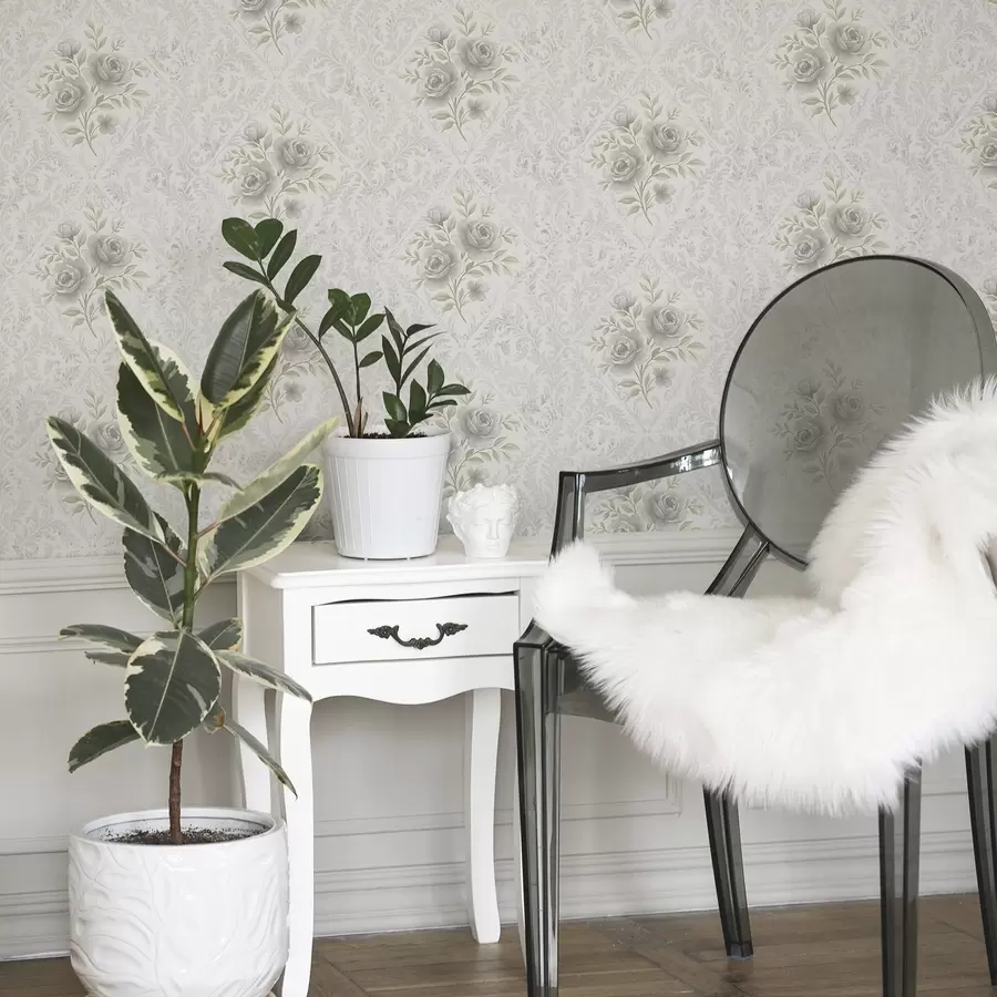 Fotobehang Licht damastpatroon met grijze rozen in zachte ruitjes a01024