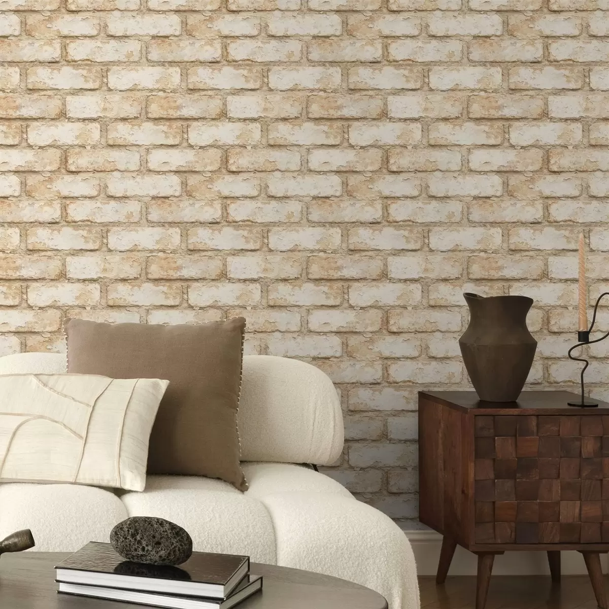 Behang Verouderde lichtbeige baksteenstructuur a01029