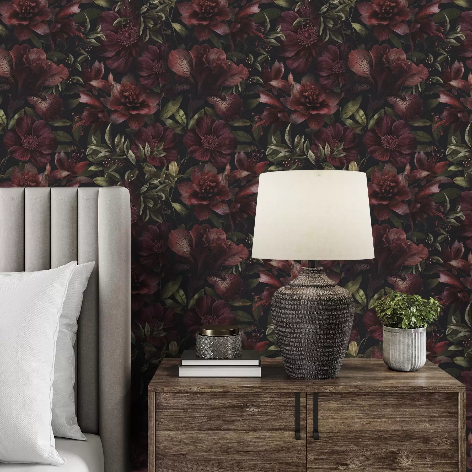 Fotobehang Rijke bordeauxrode bloemen op een donkere achtergrond a01032