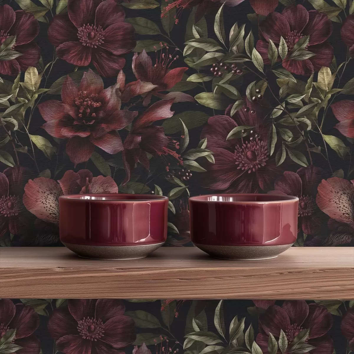 Papier peint Riches fleurs bordeaux sur fond sombre a01032