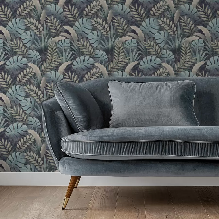 Papier peint photo Feuillage tropical dans des tons bleu-vert frais a01035