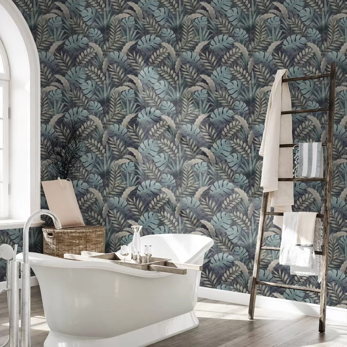 Papier peint Feuillage tropical dans des tons bleu-vert frais a01035