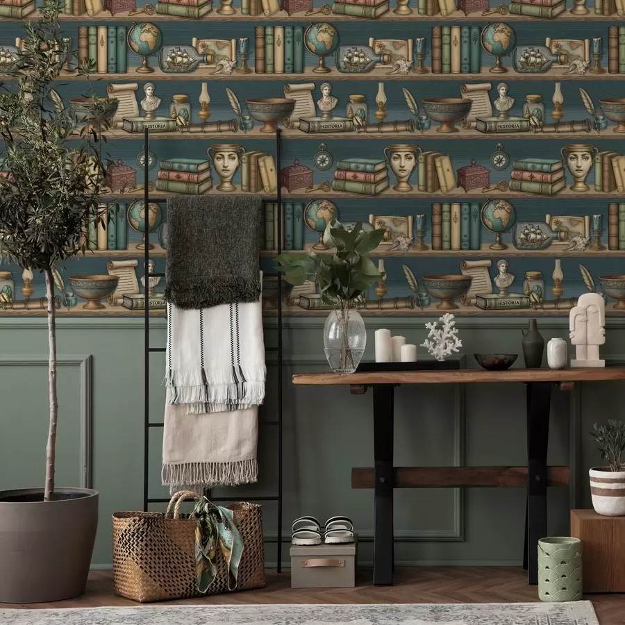 Papier peint photo Étagères vintage avec des livres, un globe terrestre et des curiosités marines a01036