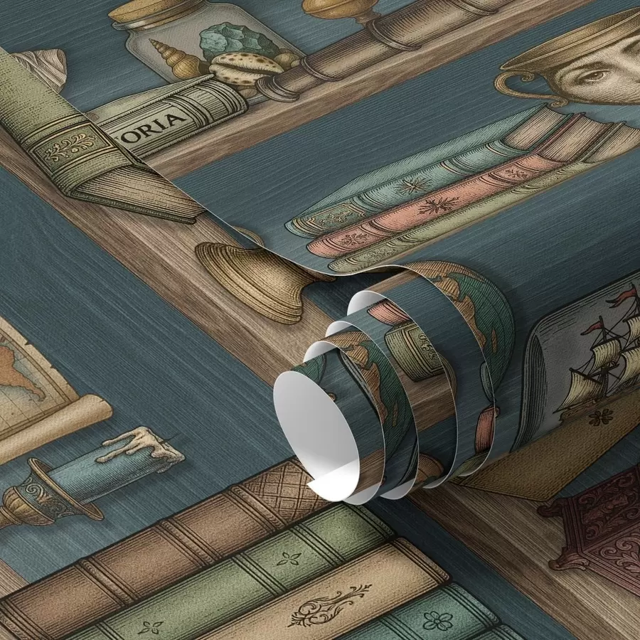 Fotobehang Vintage planken met boeken, een wereldbol en zee-curiosa a01036