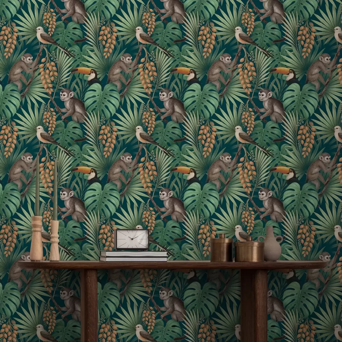 Behang Apen en tropische vogels in dichtbegroeid junglebladerdak a01037