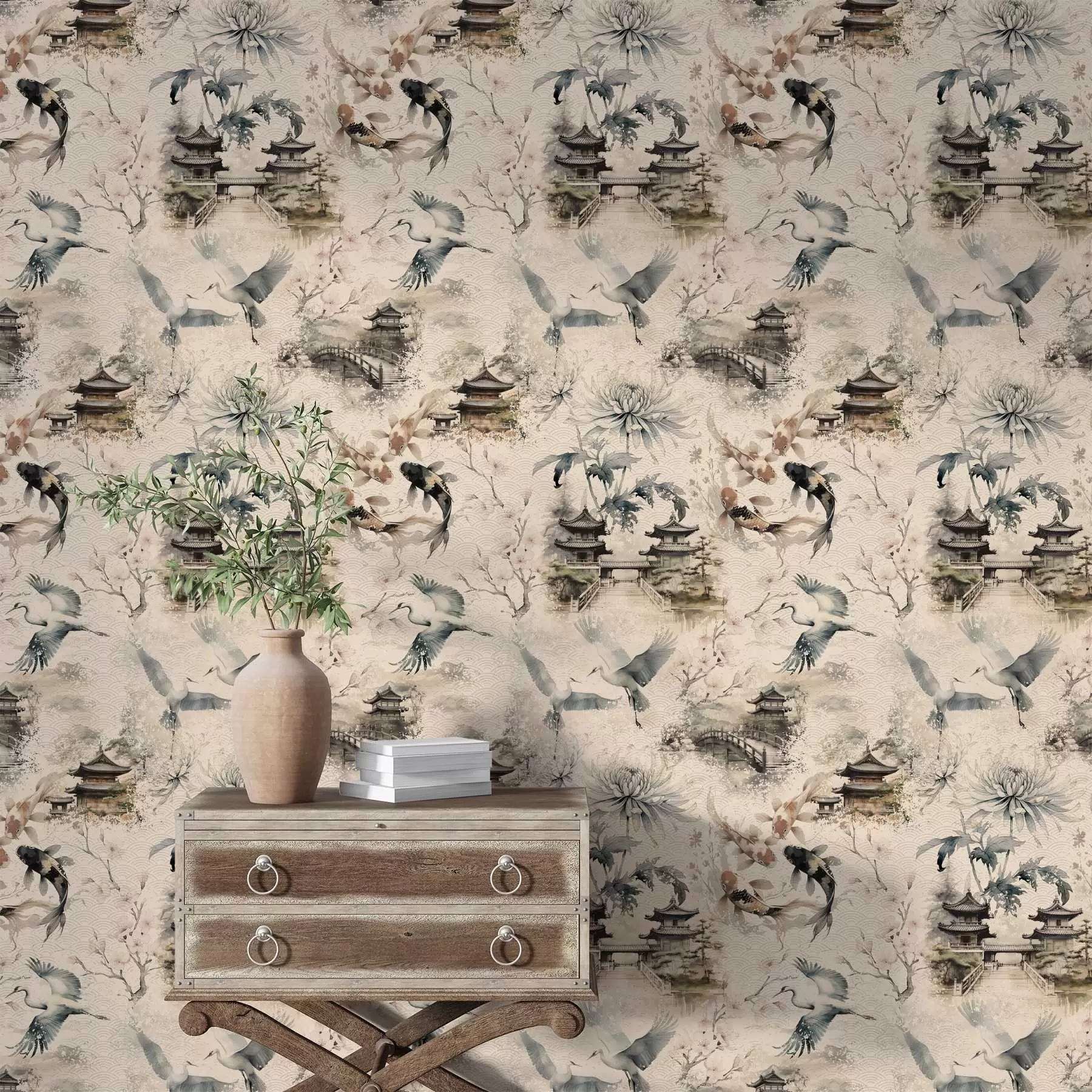 Fotobehang Japanse tempels, koivissen en kraanvogels op een zachte achtergrond a01040