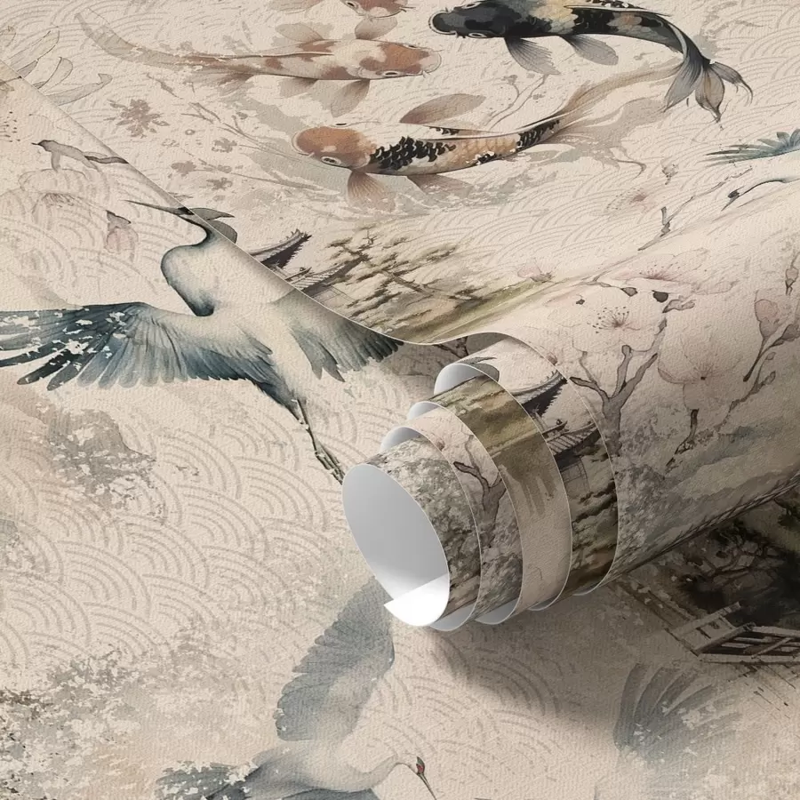 Fotobehang Japanse tempels, koivissen en kraanvogels op een zachte achtergrond a01040