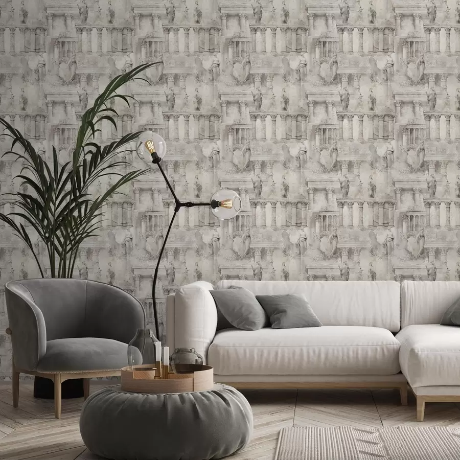 Papier peint photo Statues et colonnes antiques dans des tons doux beige-gris a01041