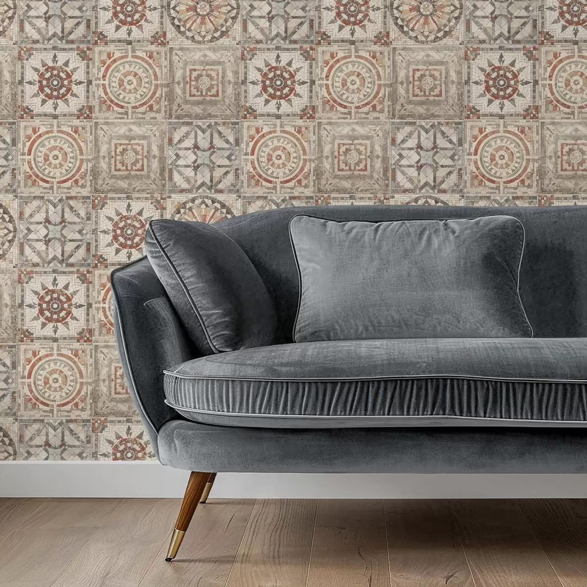 Behang Oude stenen mozaïekmedaillons met versleten details a01042