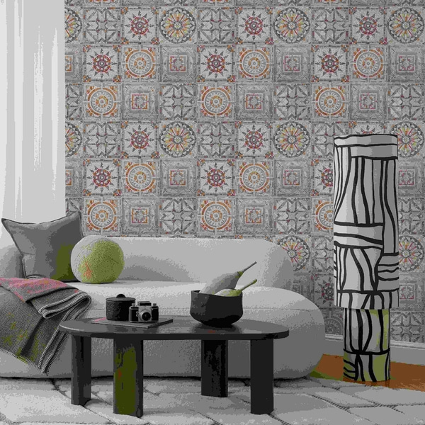 Behang Oude stenen mozaïekmedaillons met versleten details, Behang abstract, a01042 : Uwalls.be