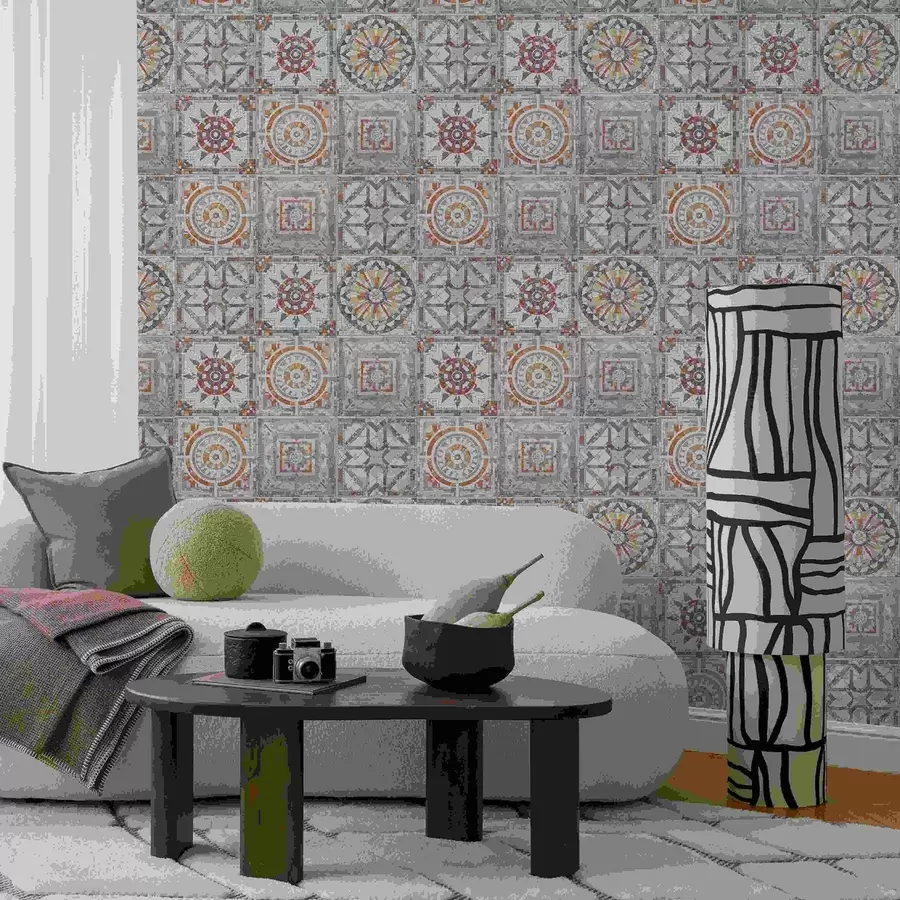 Fotobehang Oude stenen mozaïekmedaillons met versleten details a01042