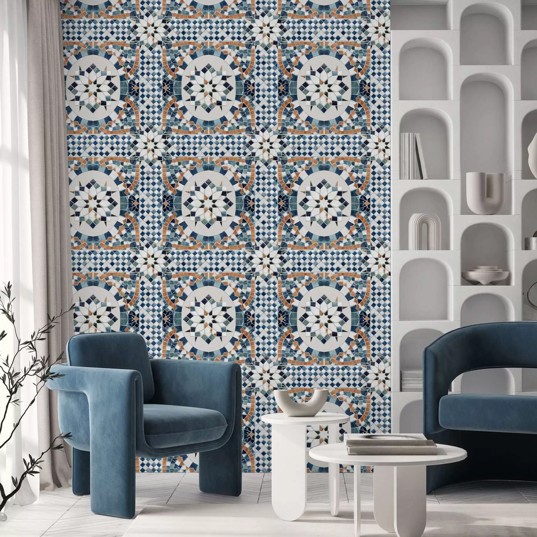 Fotobehang Heldere Marokkaanse mozaïek in blauw-turquoise tinten a01043