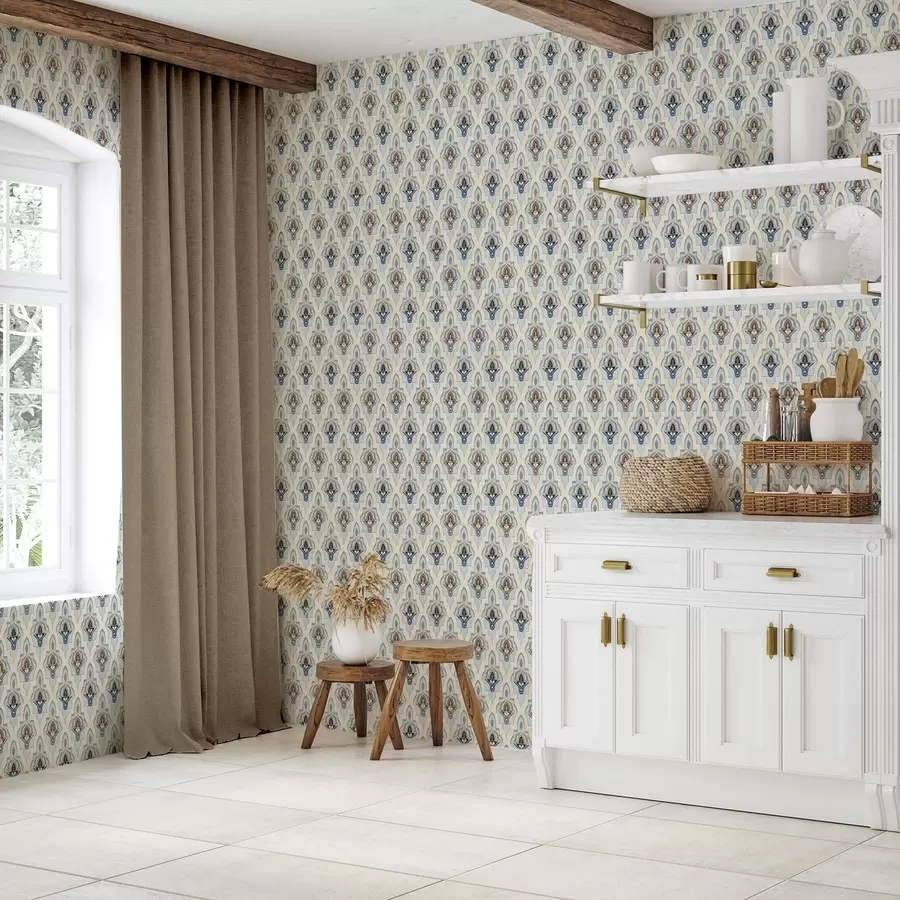 Fotobehang Oosters patroon van kleine tegels in een blauw-zandkleurig palet a01044