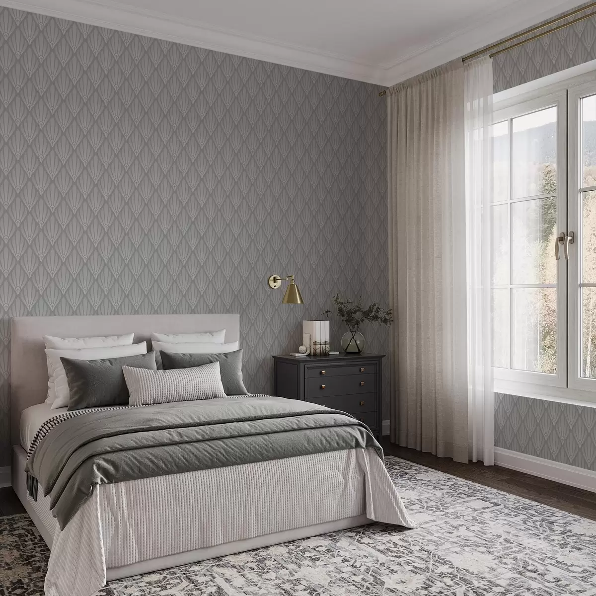 Behang Grijze art deco met waaiervormige vormen a01064