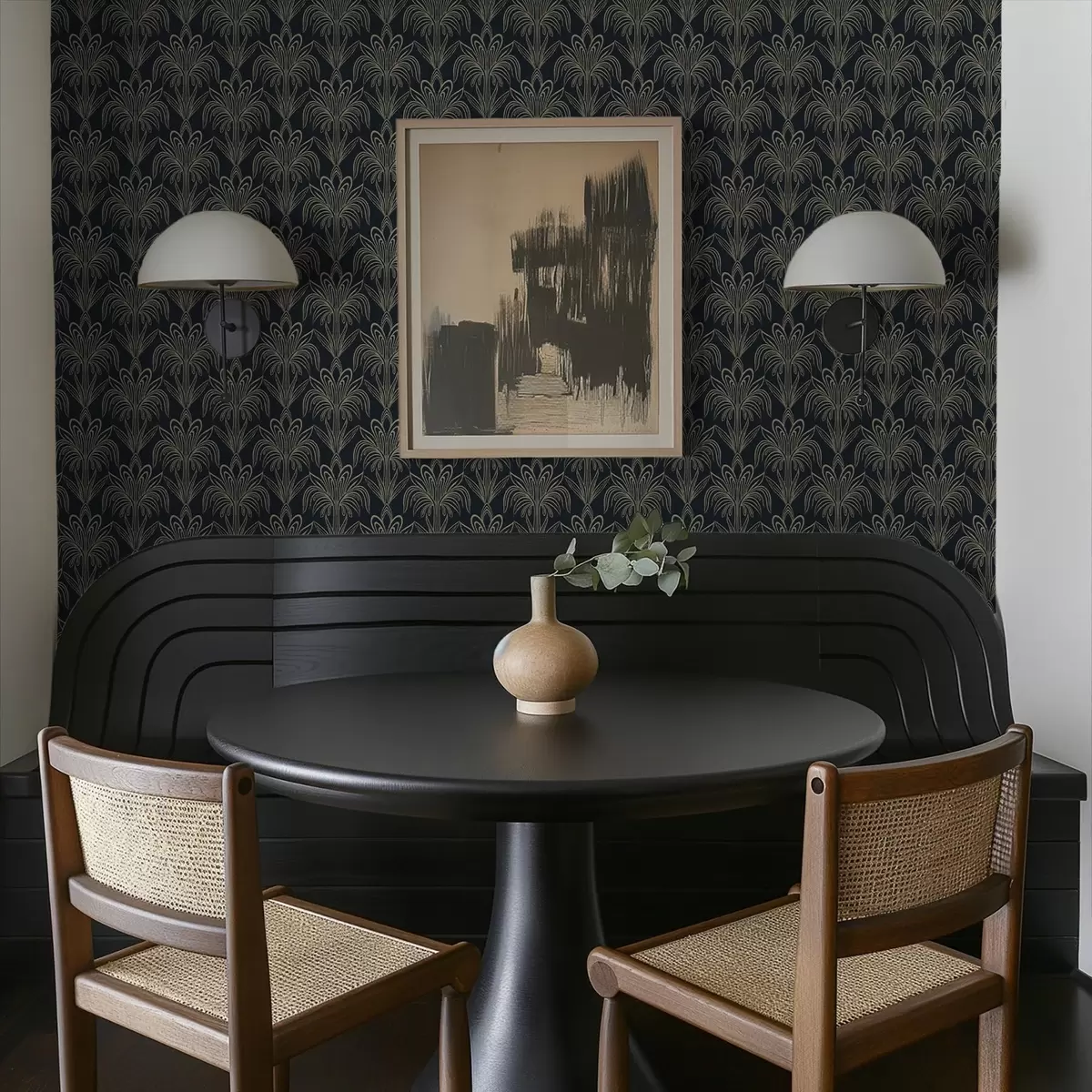 Papier peint Ornement Art déco sombre avec des plantes stylisées a01065