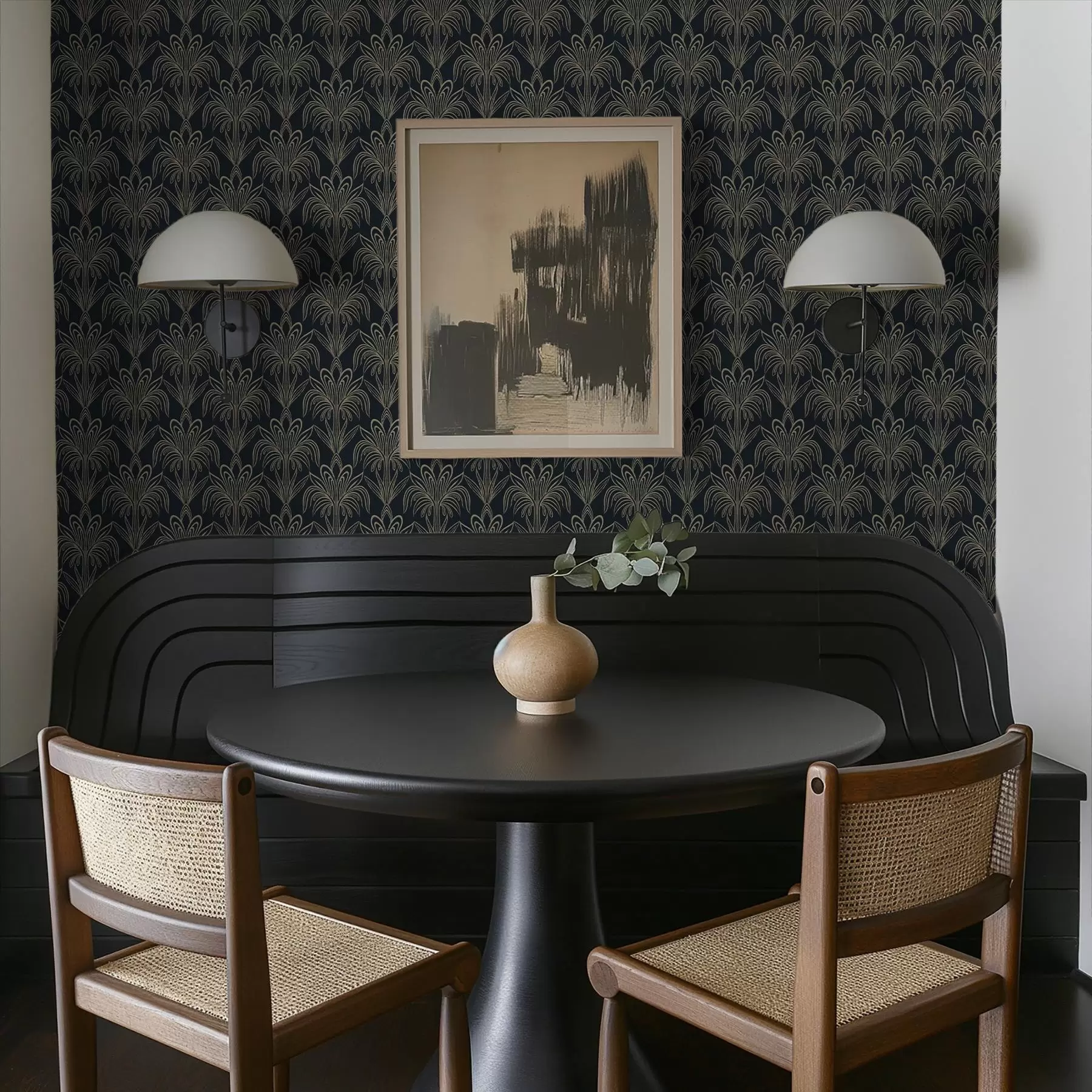 Papier peint photo Ornement Art déco sombre avec des plantes stylisées a01065