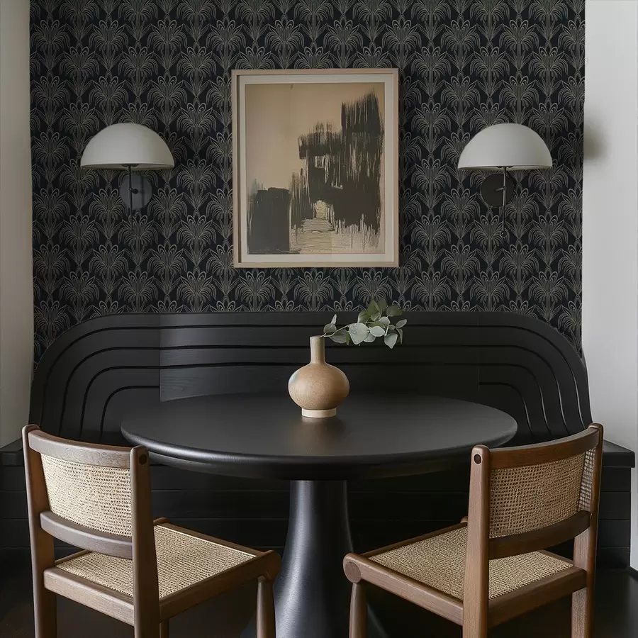 Fotobehang Donker Art Deco-ornament met gestileerde planten a01065