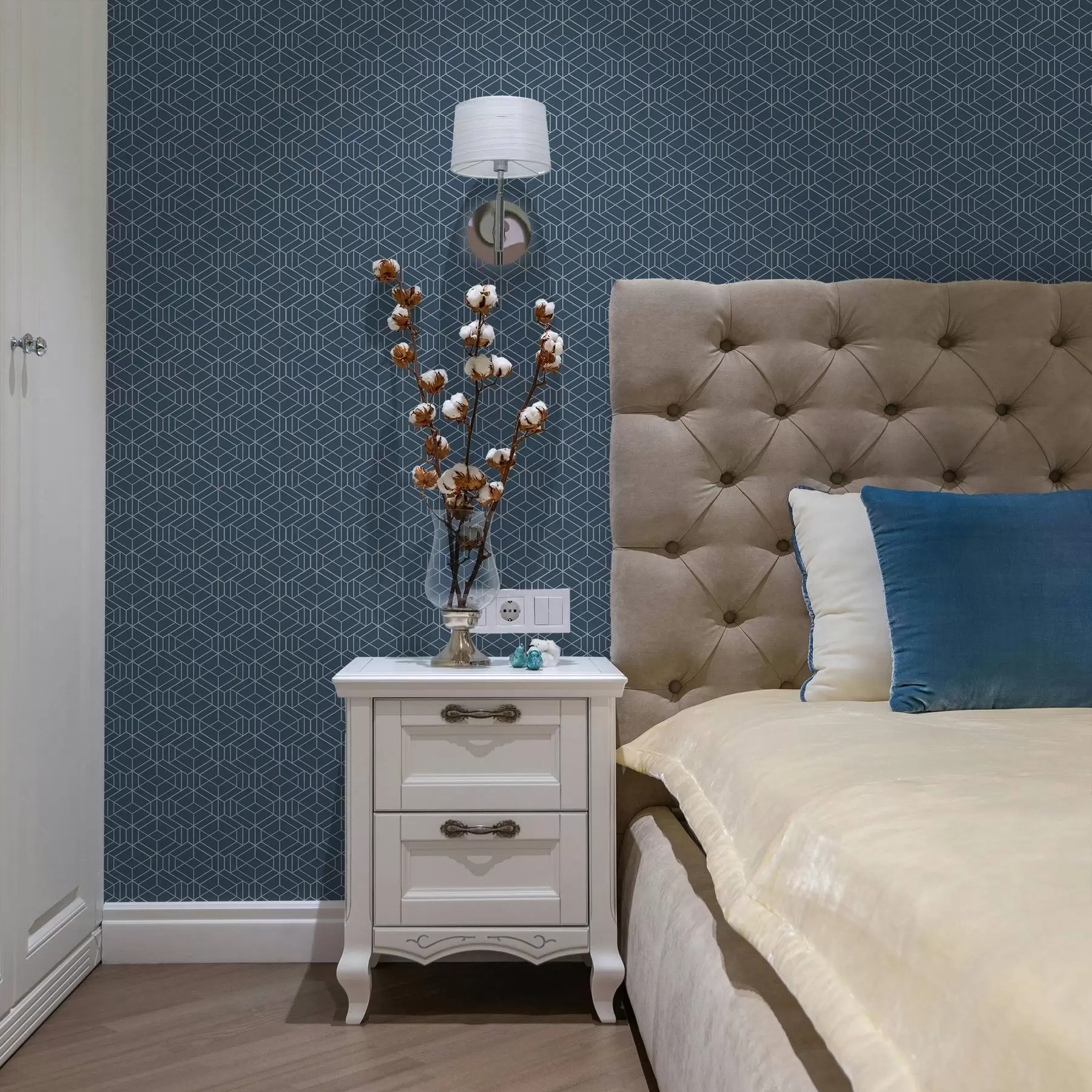 Papier peint photo Fond bleu avec des cubes linéaires blancs disposés en grille a01067v1