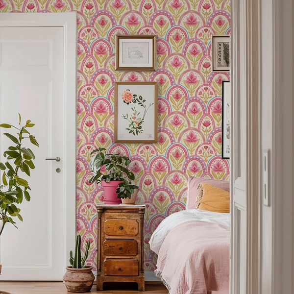 Behang Bogen met roze bloemen in een volksstijlpatroon, Behang bloemen, a01080 : Uwalls.be