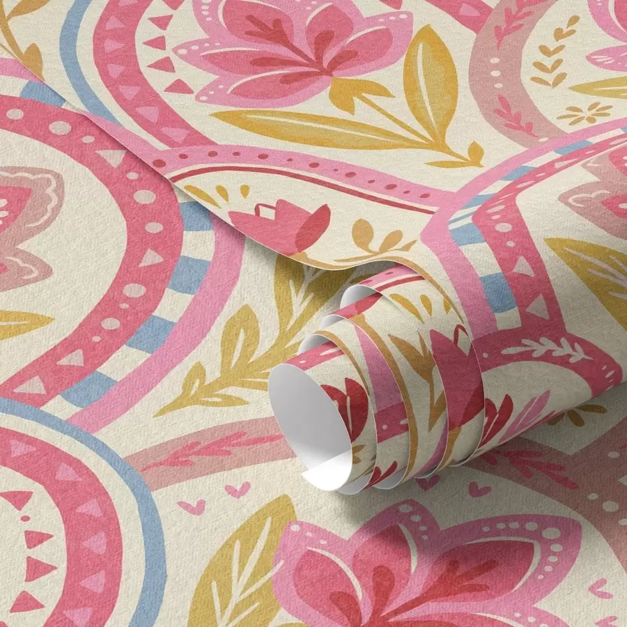 Papier peint photo Arches avec des fleurs roses dans un motif de style folklorique a01080