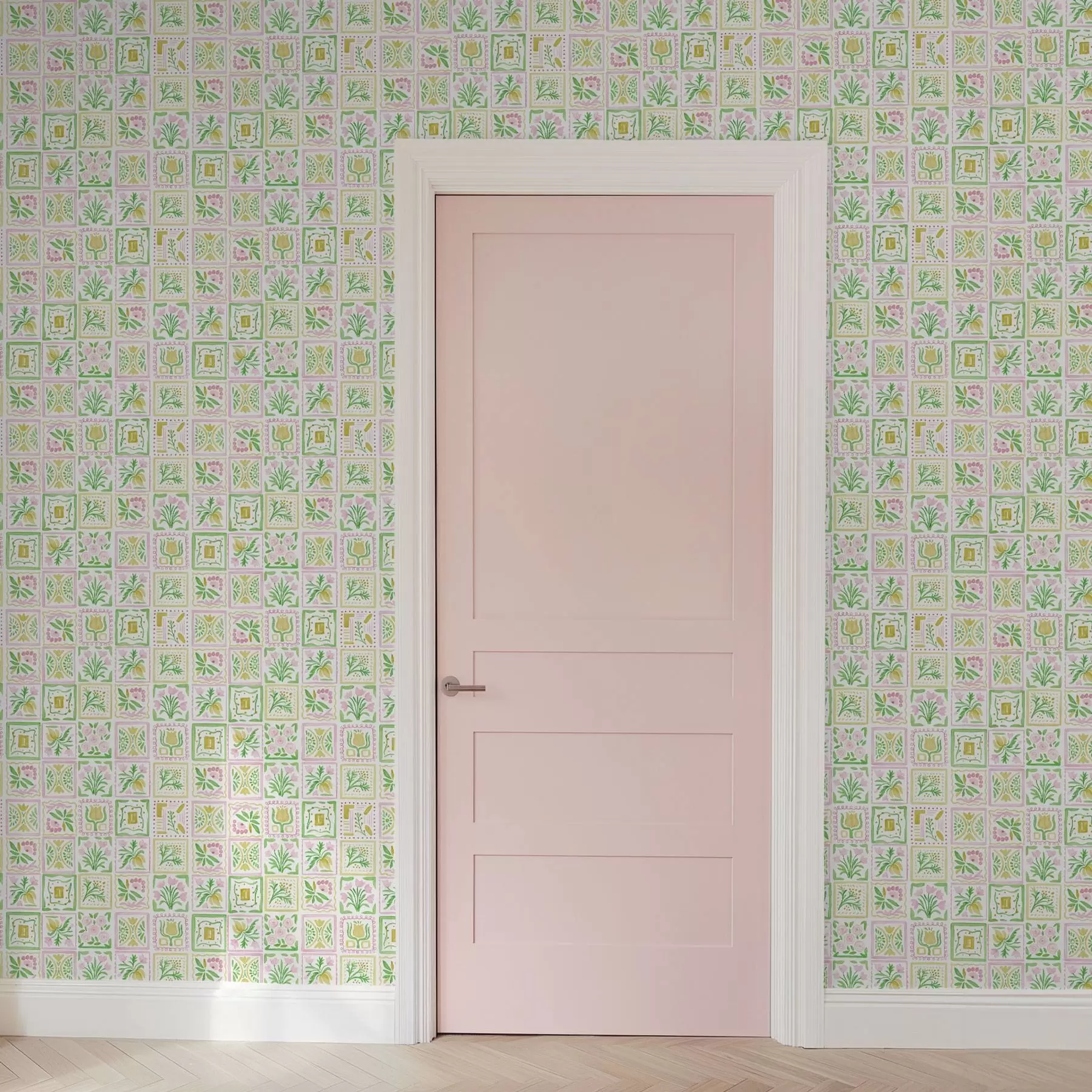 Fotobehang Aquarelvierkanten met roze en groene takken a01082
