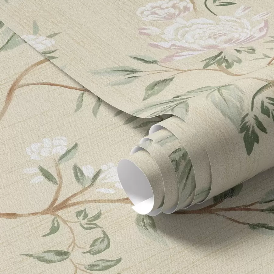 Fotobehang Delicate takken met bloemen op een warme crèmekleurige achtergrond a01084