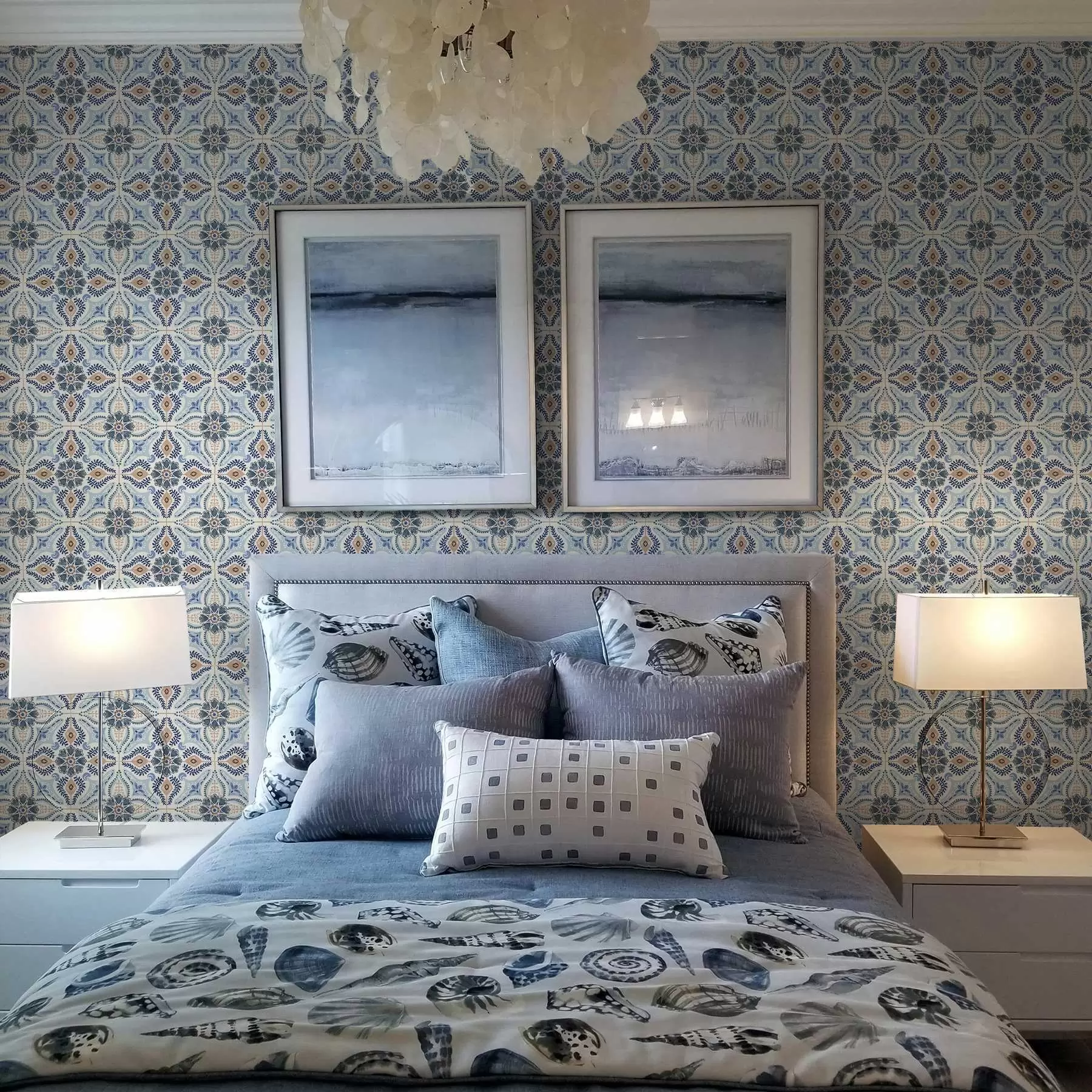 Papier peint photo Ornement bleu-beige de style carrelage peint à l'aquarelle a01085