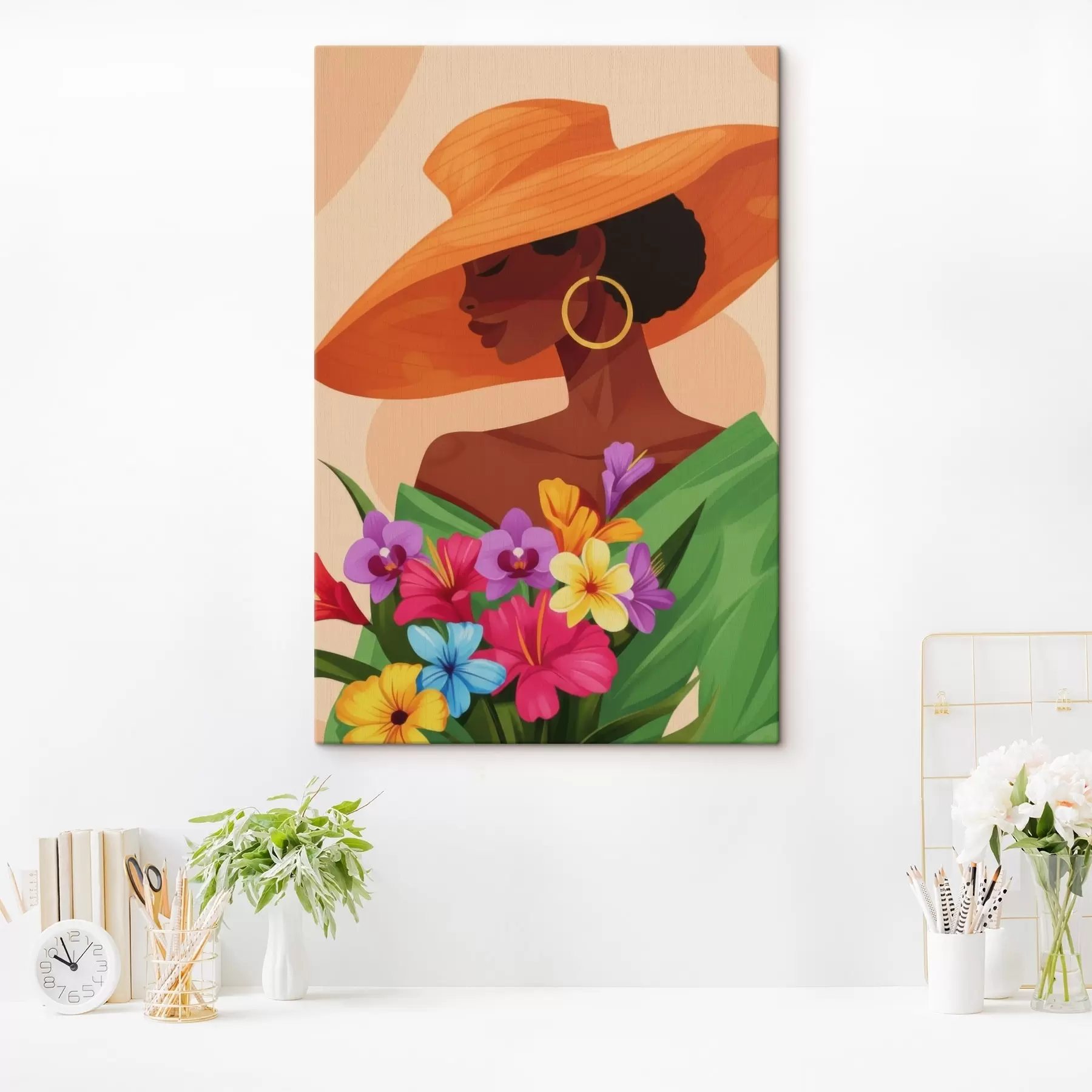  Peintures Fille avec un chapeau et des fleurs s46843