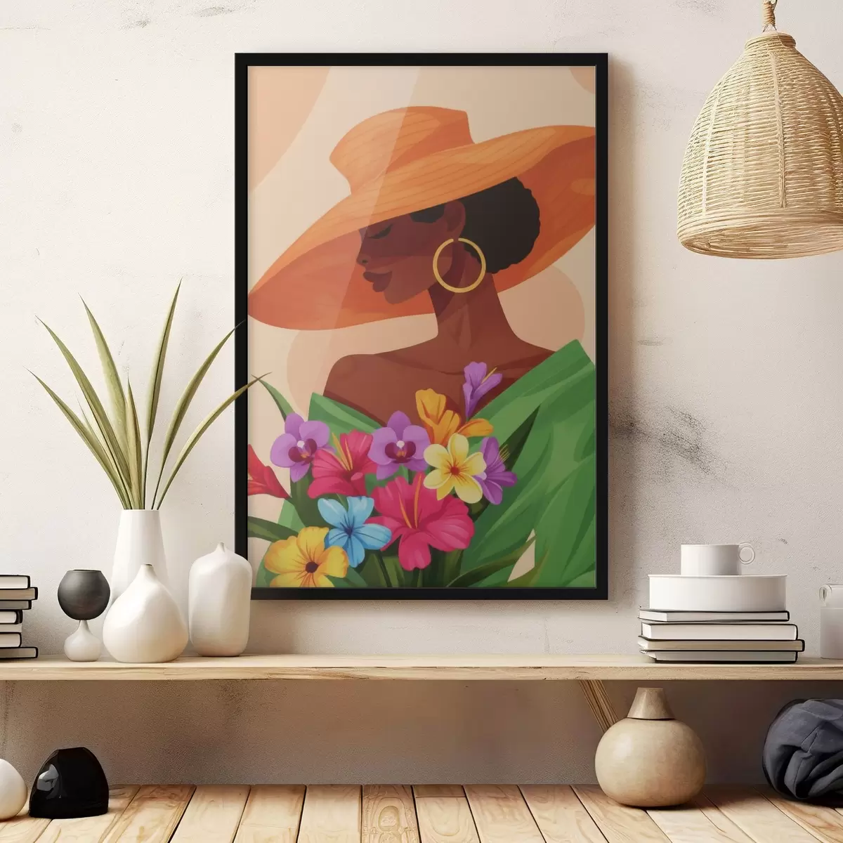 Affiche Fille avec un chapeau et des fleurs f46843