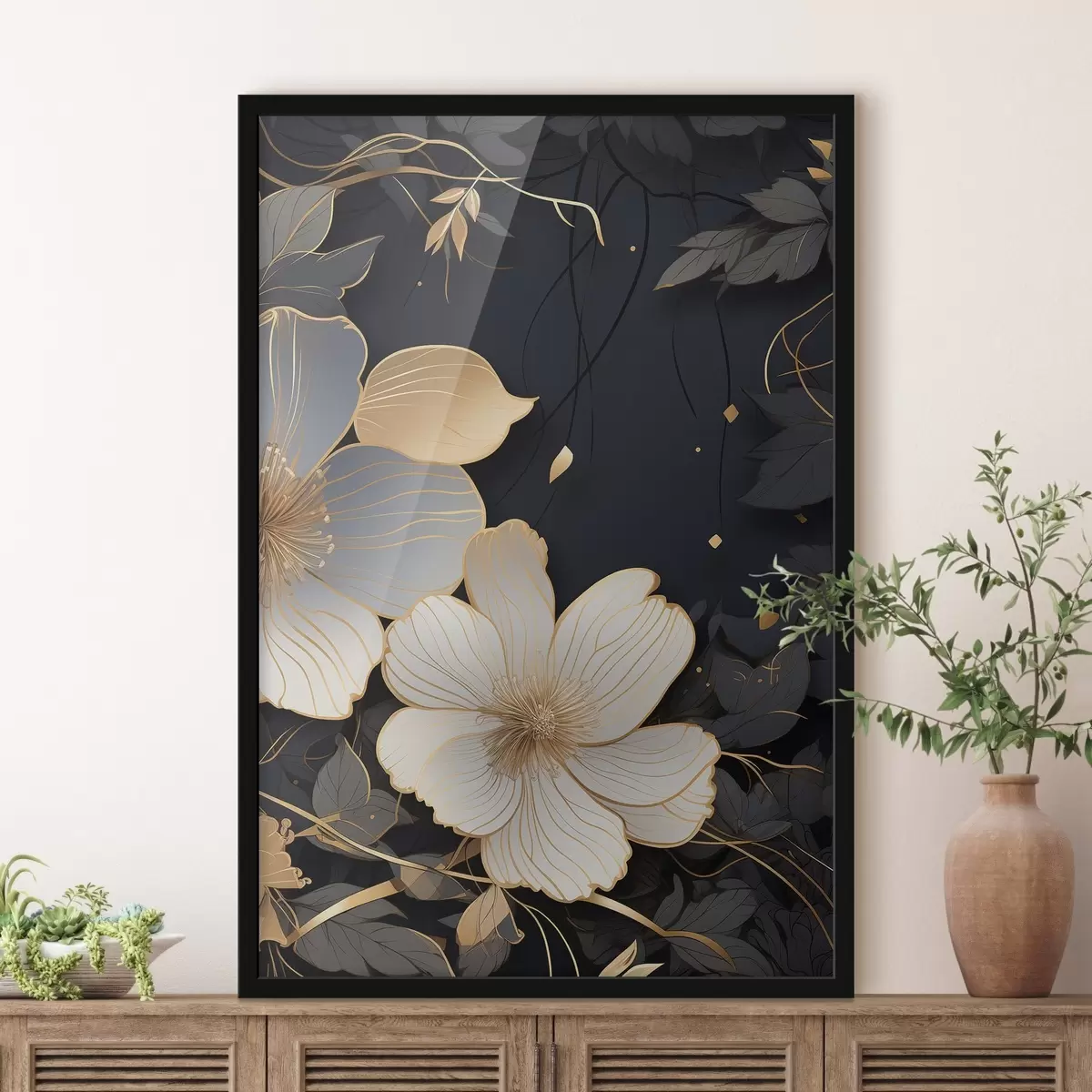 Poster Grote bloemen op een donkere achtergrond f46885