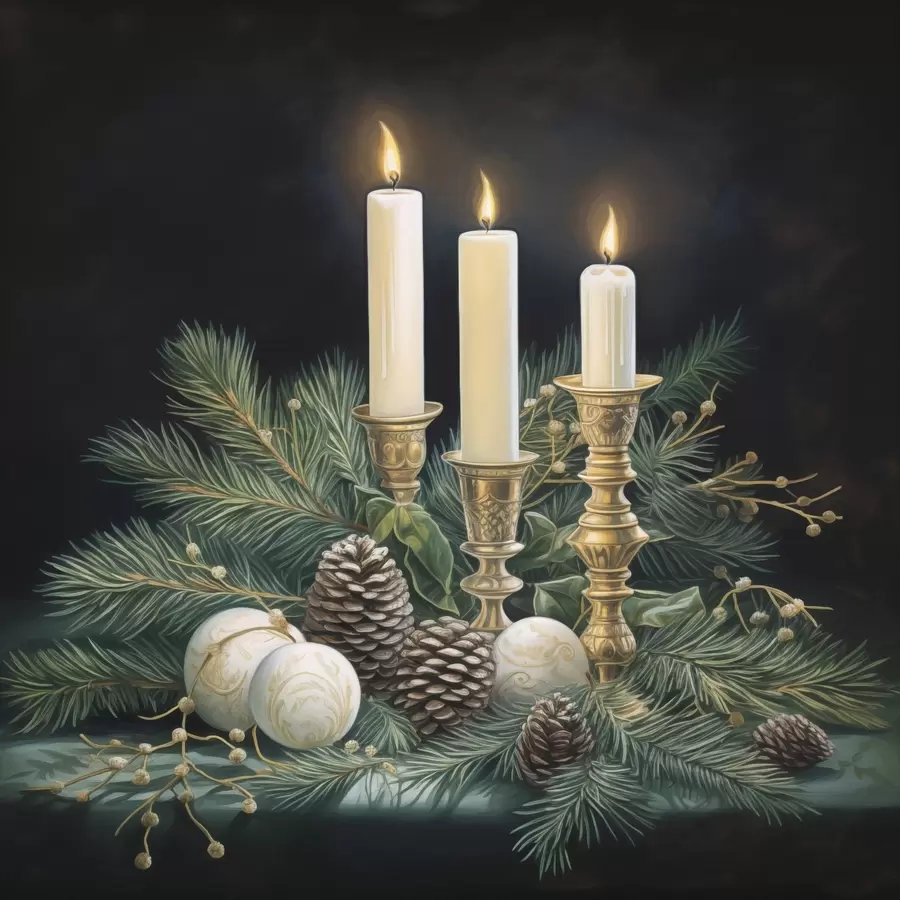 Fotobehang Nieuwjaarsarrangement, dennenboom en kaarsen f46963