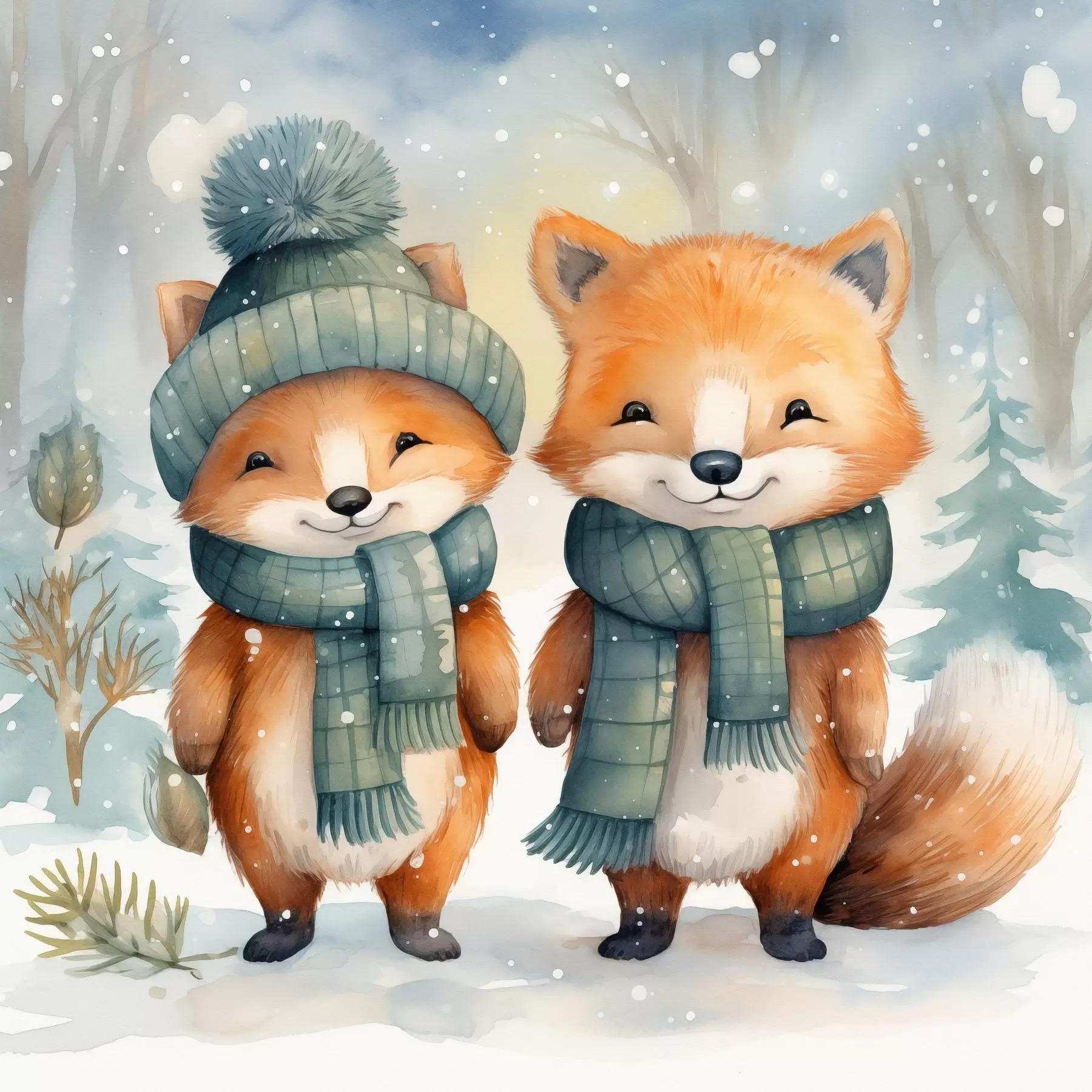 Papier peint photo Deux petits renards, imitation aquarelle f46969